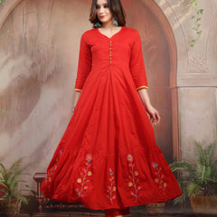 Women Red Embroidered Anarkali Set with Dupatta