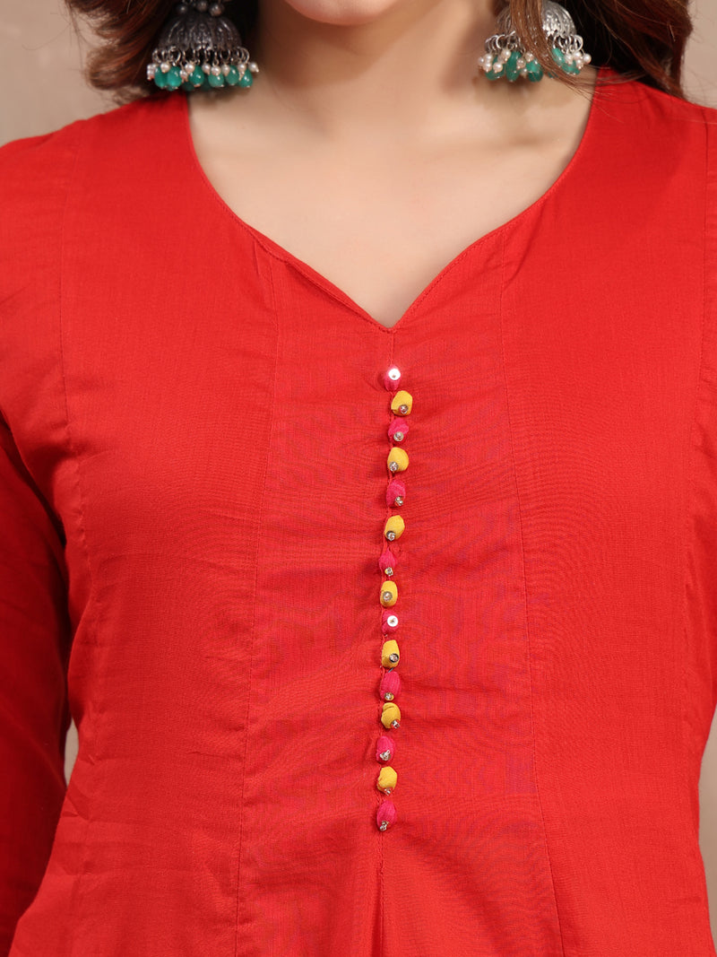 Women Red Embroidered Anarkali Set with Dupatta
