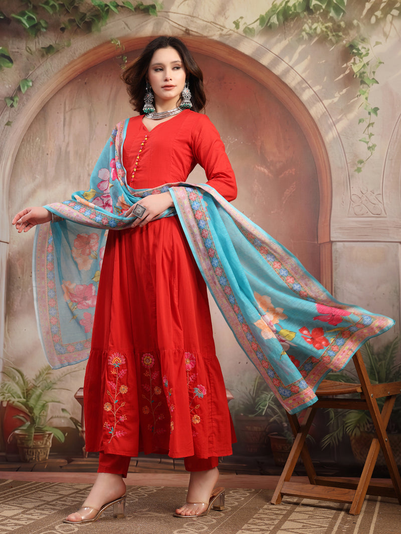 Women Red Embroidered Anarkali Set with Dupatta