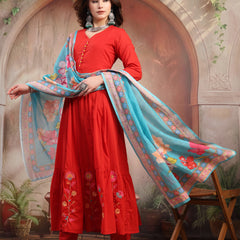 Women Red Embroidered Anarkali Set with Dupatta