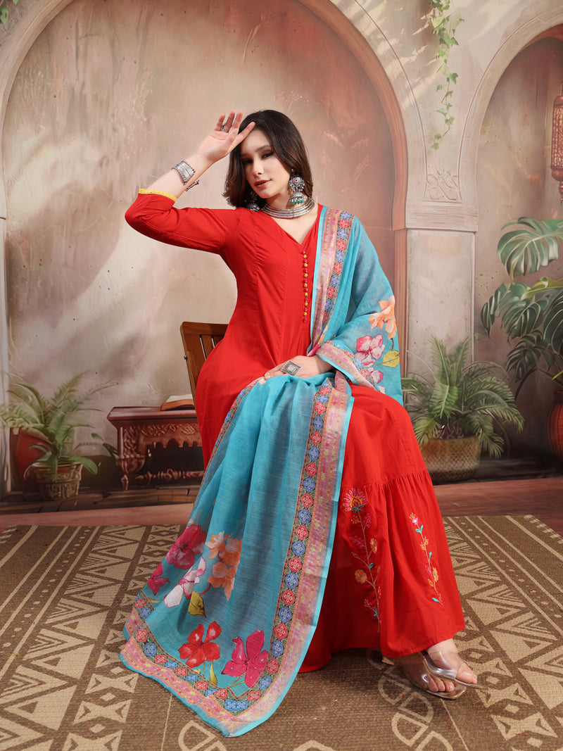 Women Red Embroidered Anarkali Set with Dupatta