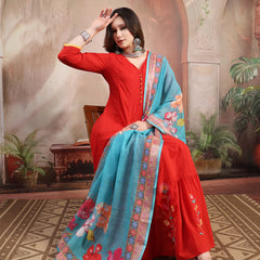 Women Red Embroidered Anarkali Set with Dupatta