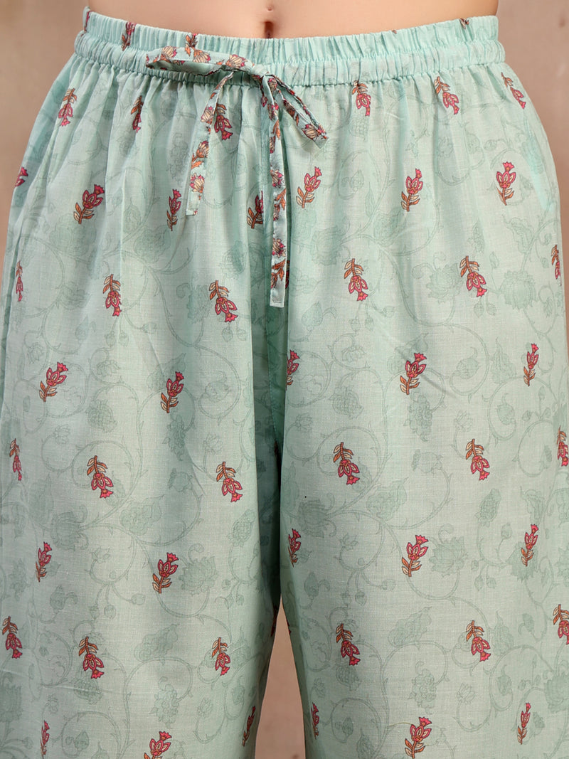 Women Green Printed Cotton Kurta Palazzo Set with Dupatta