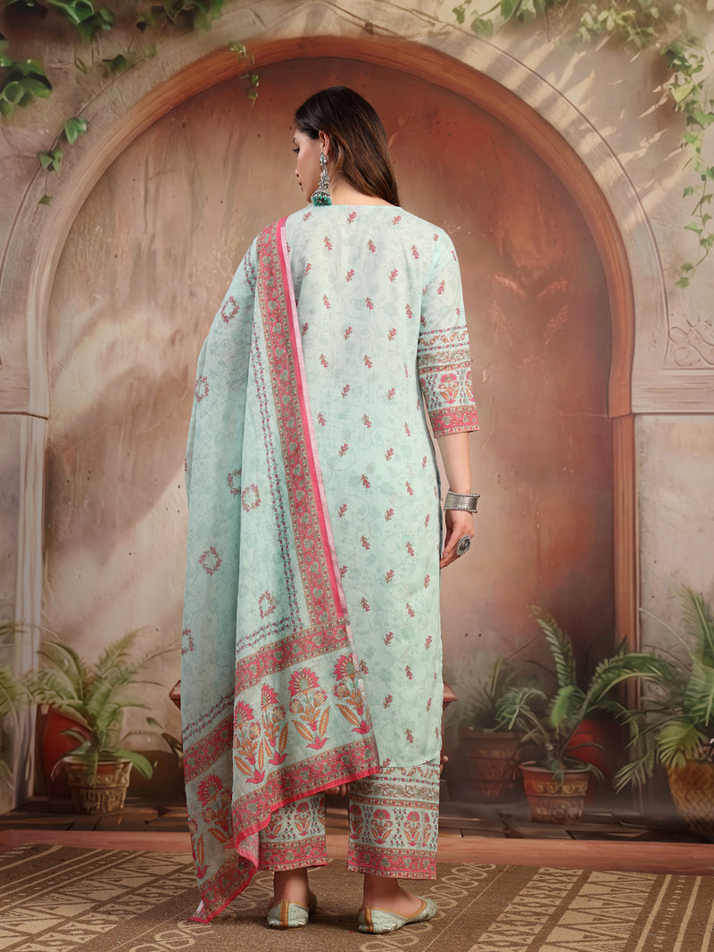 Women Green Printed Cotton Kurta Palazzo Set with Dupatta