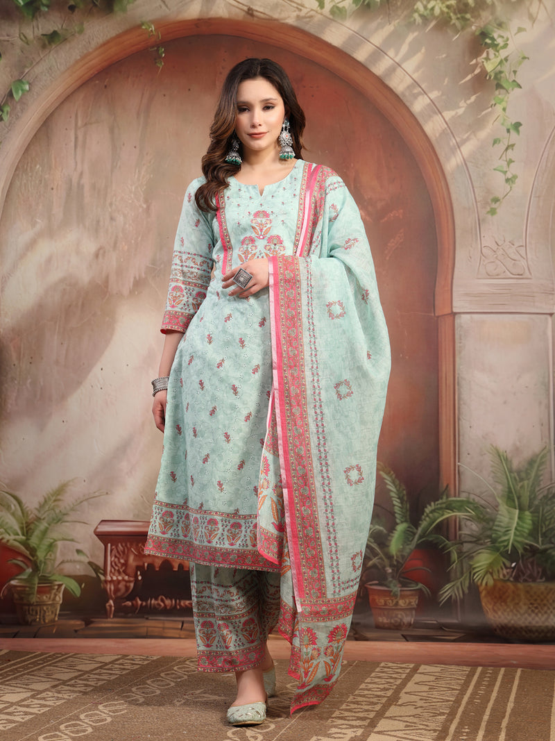 Women Green Printed Cotton Kurta Palazzo Set with Dupatta