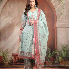 Women Green Printed Cotton Kurta Palazzo Set with Dupatta