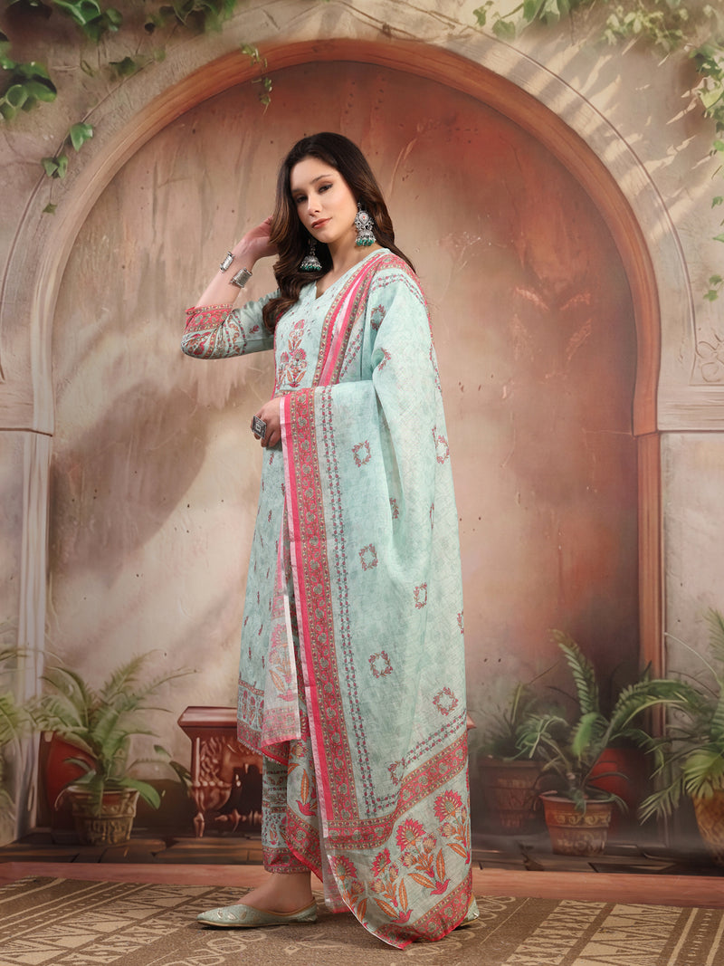 Women Green Printed Cotton Kurta Palazzo Set with Dupatta