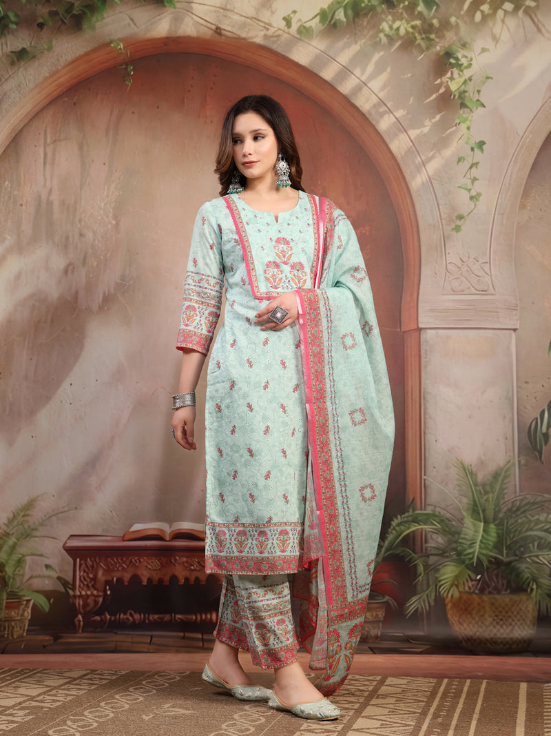 Women Green Printed Cotton Kurta Palazzo Set with Dupatta