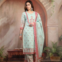 Women Green Printed Cotton Kurta Palazzo Set with Dupatta