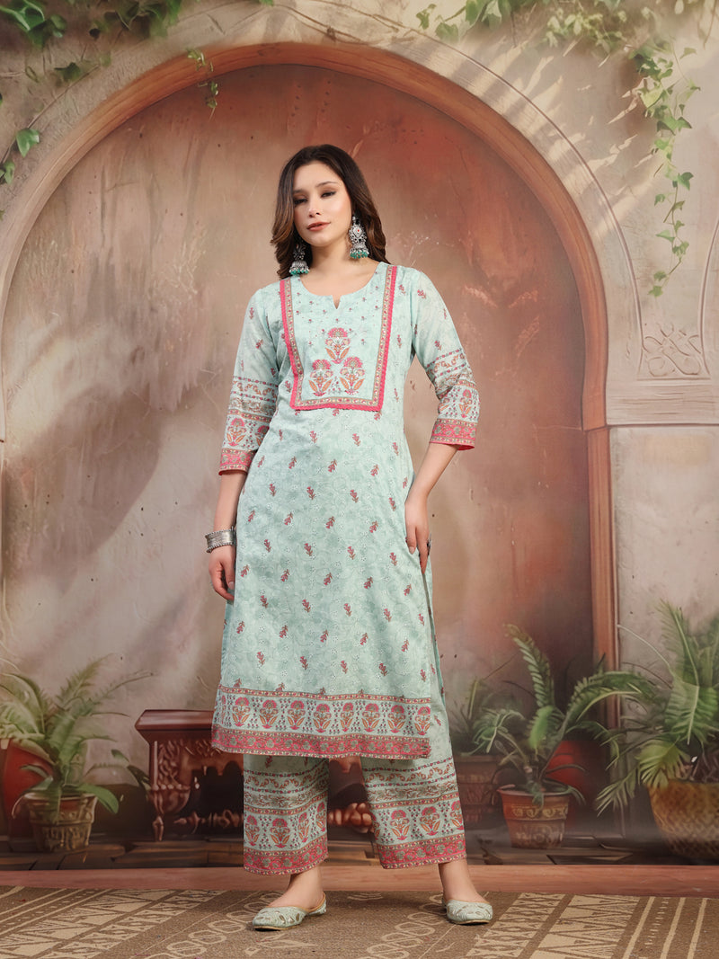 Women Green Printed Cotton Kurta Palazzo Set with Dupatta