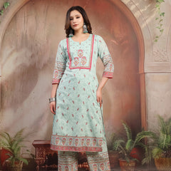 Women Green Printed Cotton Kurta Palazzo Set with Dupatta
