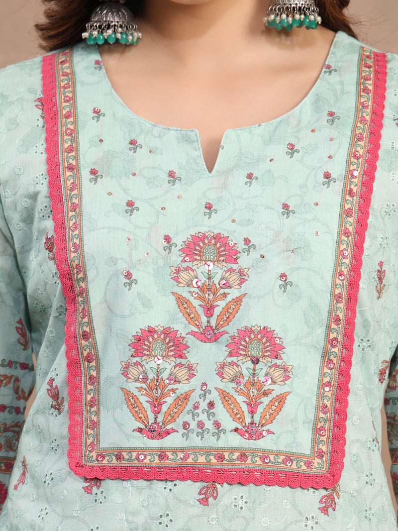 Women Green Printed Cotton Kurta Palazzo Set with Dupatta