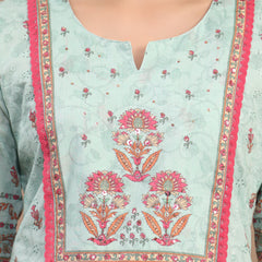 Women Green Printed Cotton Kurta Palazzo Set with Dupatta