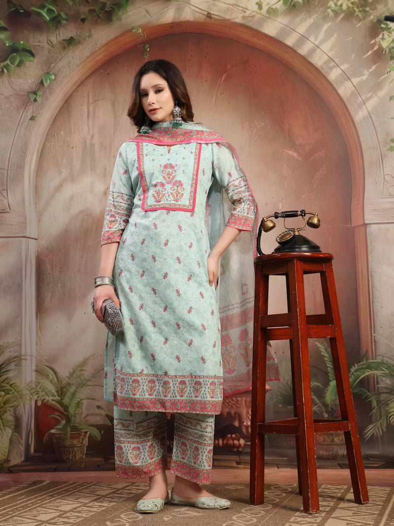 Women Green Printed Cotton Kurta Palazzo Set with Dupatta