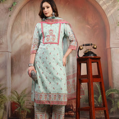 Women Green Printed Cotton Kurta Palazzo Set with Dupatta
