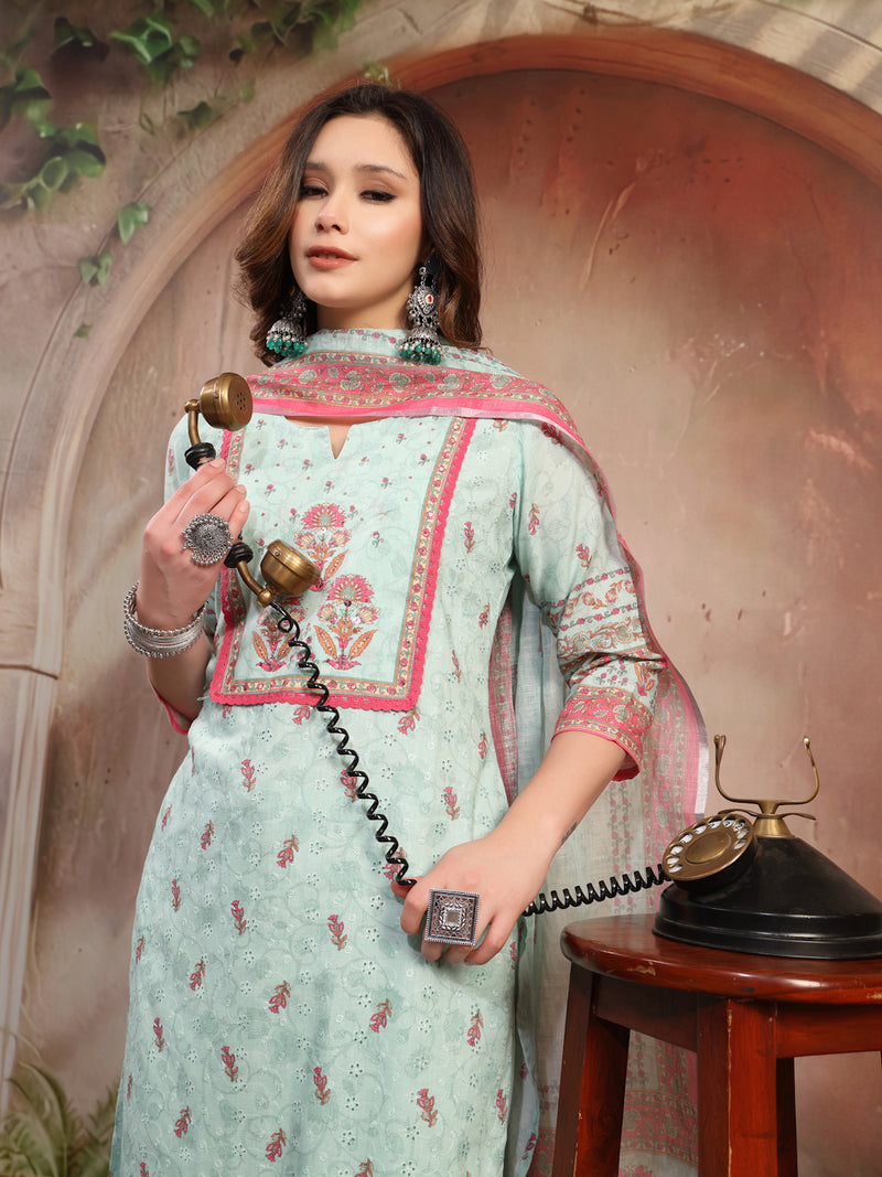Women Green Printed Cotton Kurta Palazzo Set with Dupatta