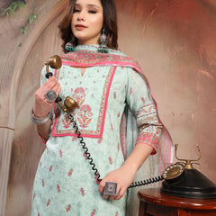 Women Green Printed Cotton Kurta Palazzo Set with Dupatta