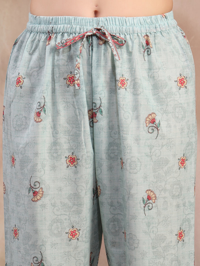 Women Sky Blue Printed Cotton Kurta Palazzo Set with Dupatta