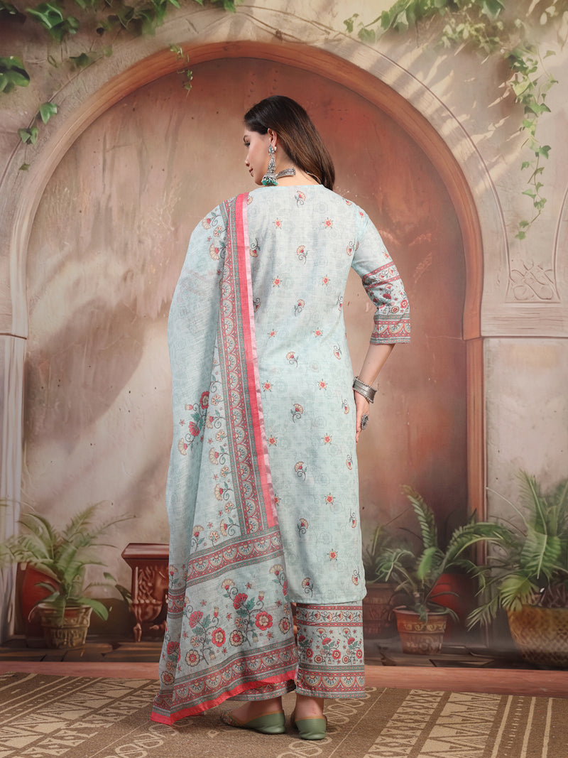 Women Sky Blue Printed Cotton Kurta Palazzo Set with Dupatta