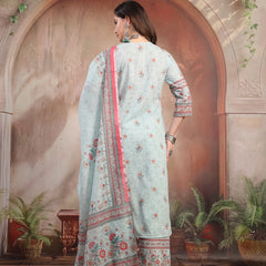 Women Sky Blue Printed Cotton Kurta Palazzo Set with Dupatta