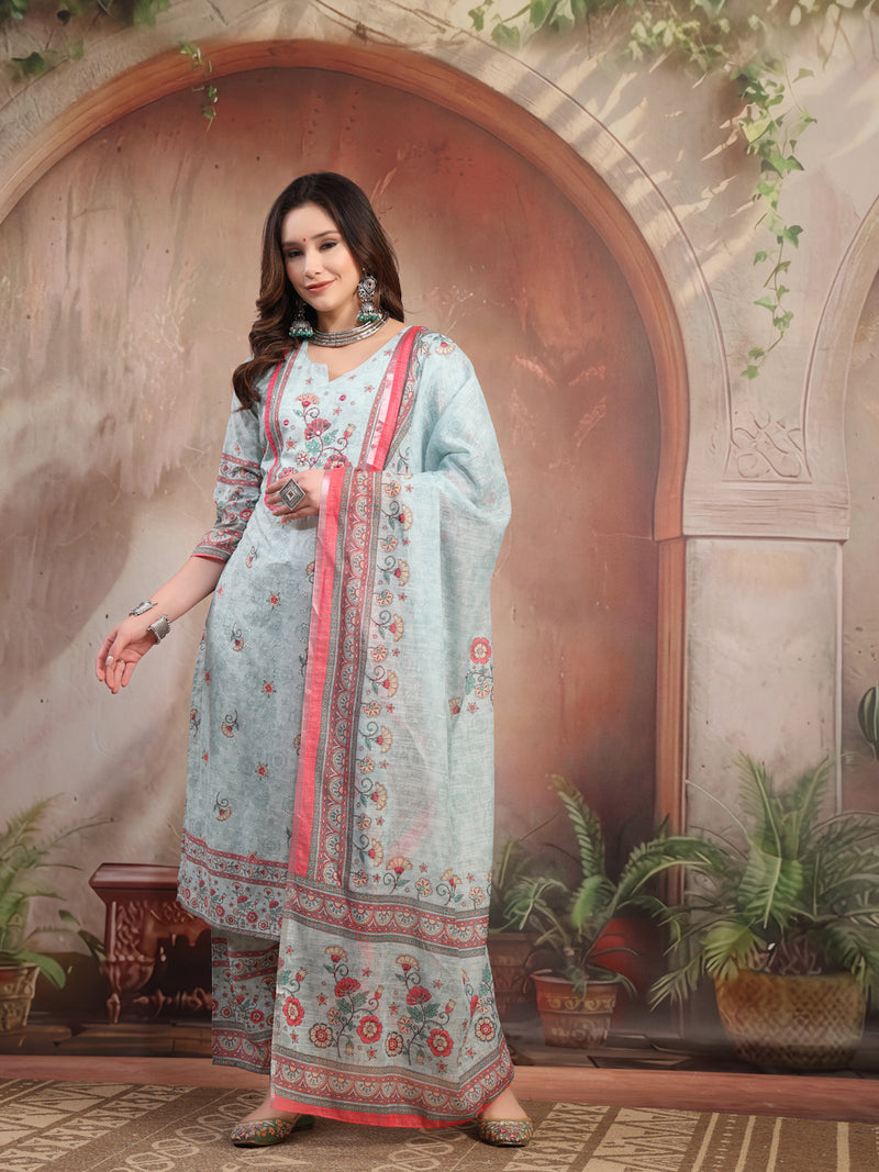 Women Sky Blue Printed Cotton Kurta Palazzo Set with Dupatta