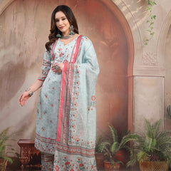 Women Sky Blue Printed Cotton Kurta Palazzo Set with Dupatta