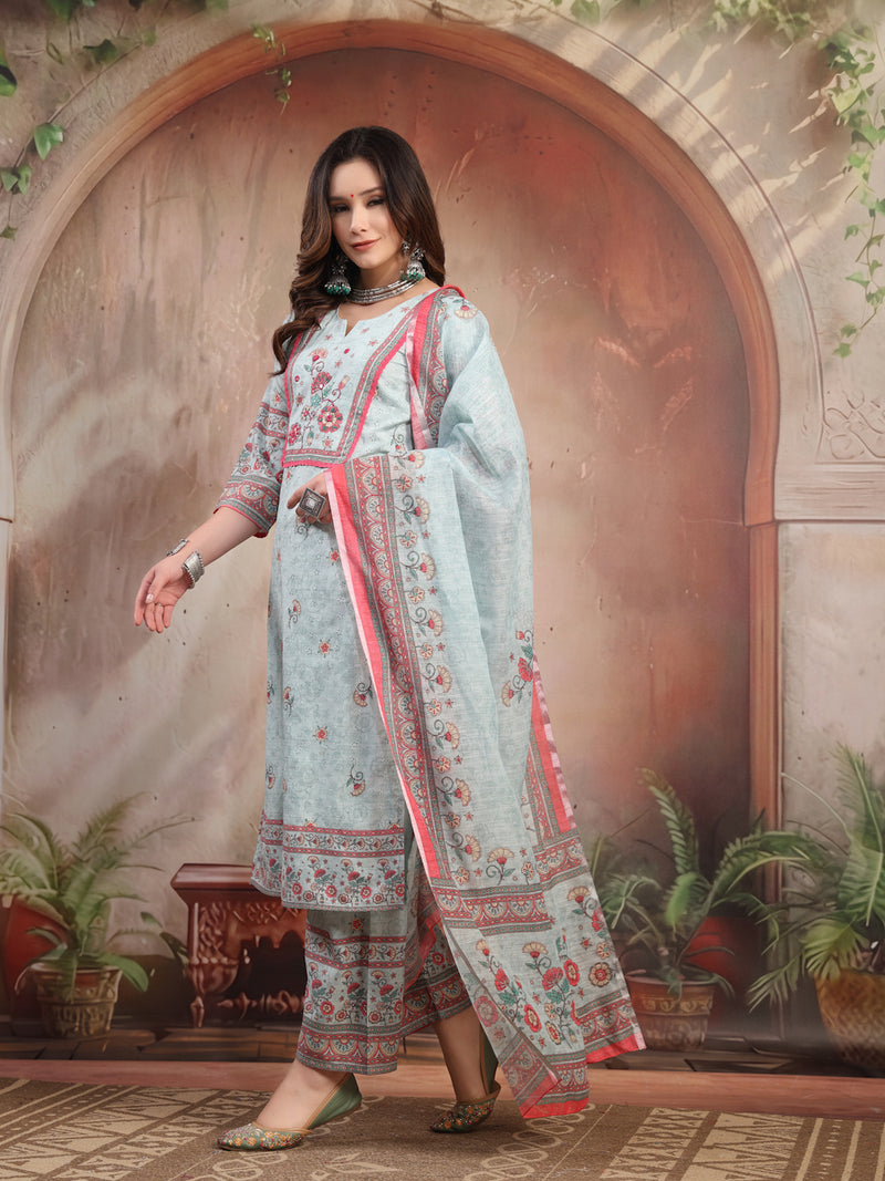 Women Sky Blue Printed Cotton Kurta Palazzo Set with Dupatta