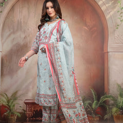 Women Sky Blue Printed Cotton Kurta Palazzo Set with Dupatta