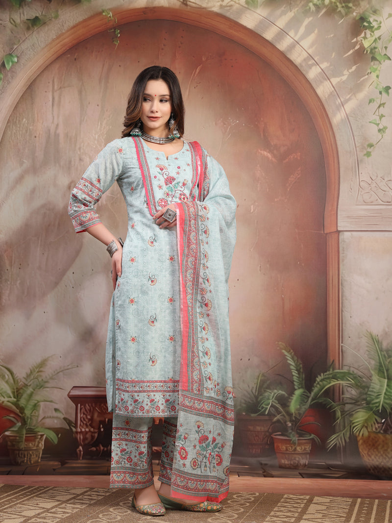 Women Sky Blue Printed Cotton Kurta Palazzo Set with Dupatta