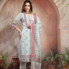 Women Sky Blue Printed Cotton Kurta Palazzo Set with Dupatta
