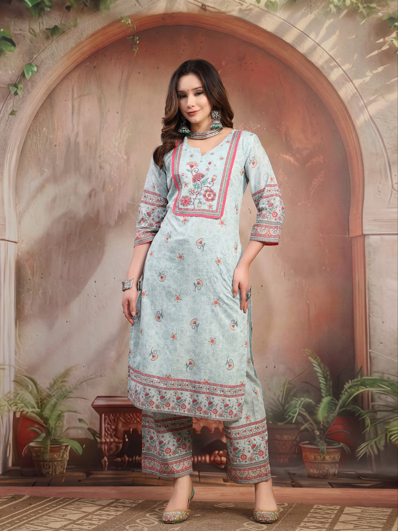 Women Sky Blue Printed Cotton Kurta Palazzo Set with Dupatta