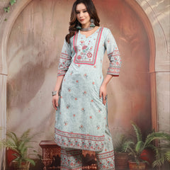 Women Sky Blue Printed Cotton Kurta Palazzo Set with Dupatta