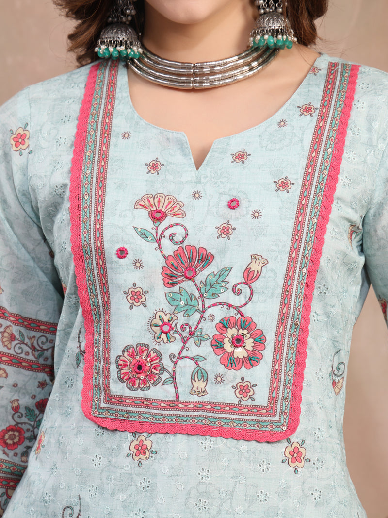 Women Sky Blue Printed Cotton Kurta Palazzo Set with Dupatta