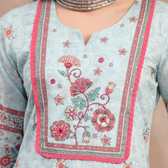Women Sky Blue Printed Cotton Kurta Palazzo Set with Dupatta