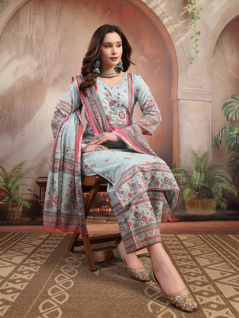 Women Sky Blue Printed Cotton Kurta Palazzo Set with Dupatta