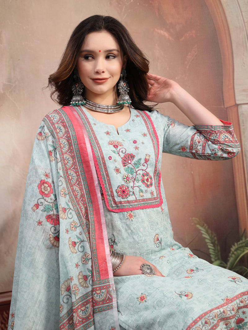 Women Sky Blue Printed Cotton Kurta Palazzo Set with Dupatta