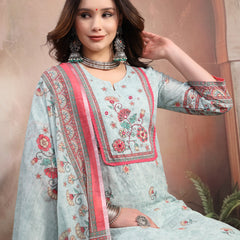 Women Sky Blue Printed Cotton Kurta Palazzo Set with Dupatta