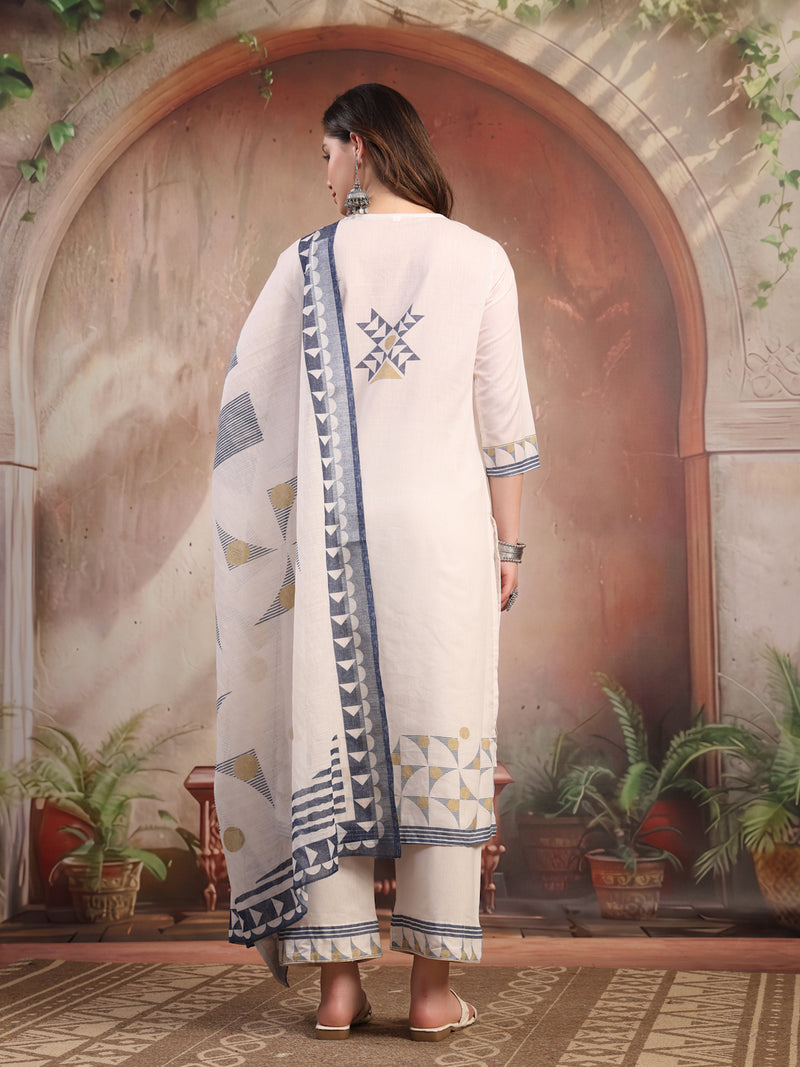 Women White Embroidered Cotton Kurta Palazzo Set with Dupatta