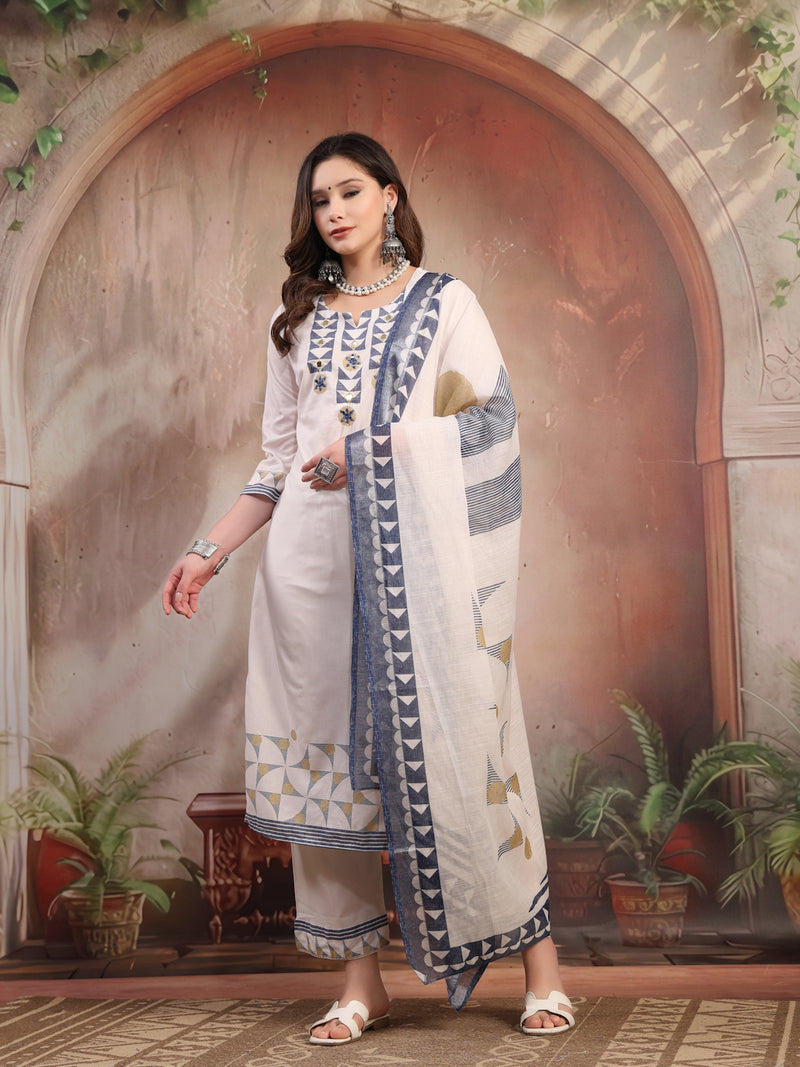 Women White Embroidered Cotton Kurta Palazzo Set with Dupatta