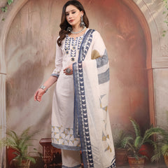 Women White Embroidered Cotton Kurta Palazzo Set with Dupatta