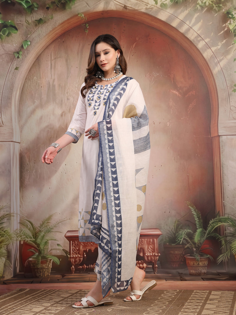 Women White Embroidered Cotton Kurta Palazzo Set with Dupatta