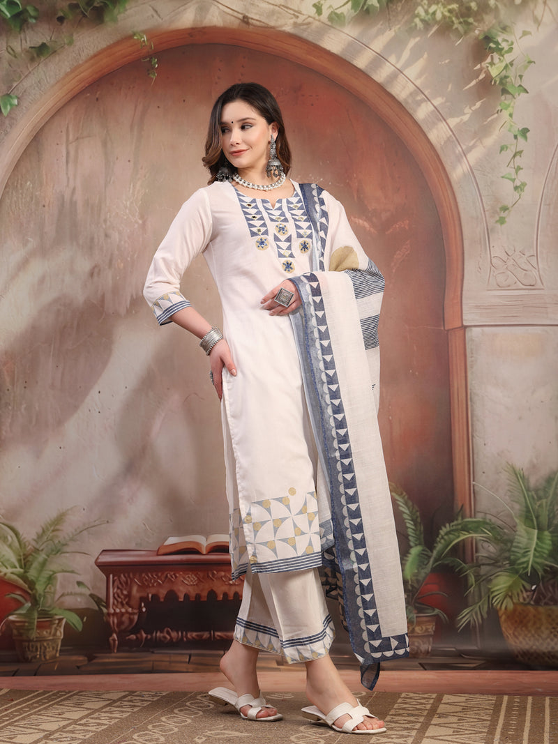 Women White Embroidered Cotton Kurta Palazzo Set with Dupatta