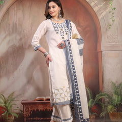 Women White Embroidered Cotton Kurta Palazzo Set with Dupatta