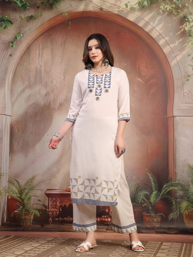Women White Embroidered Cotton Kurta Palazzo Set with Dupatta