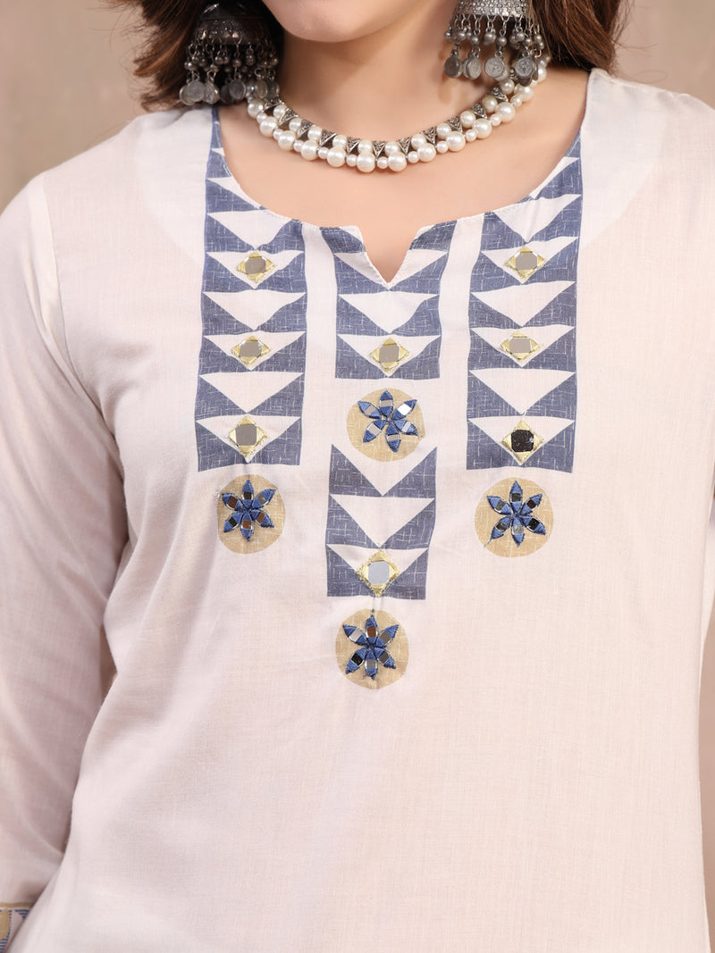 Women White Embroidered Cotton Kurta Palazzo Set with Dupatta