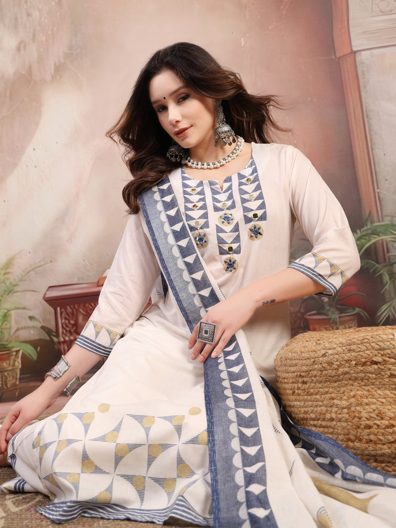 Women White Embroidered Cotton Kurta Palazzo Set with Dupatta