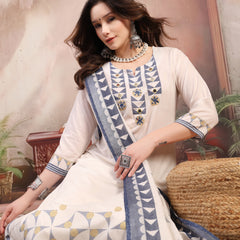 Women White Embroidered Cotton Kurta Palazzo Set with Dupatta