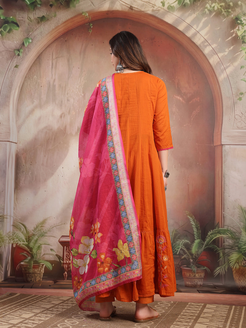 Women Rust Embroidered Anarkali Set with Dupatta