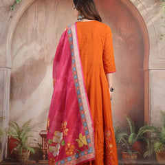 Women Rust Embroidered Anarkali Set with Dupatta