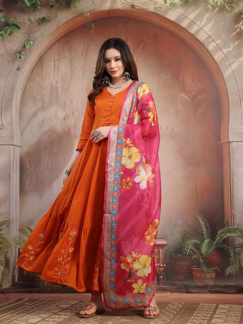 Women Rust Embroidered Anarkali Set with Dupatta